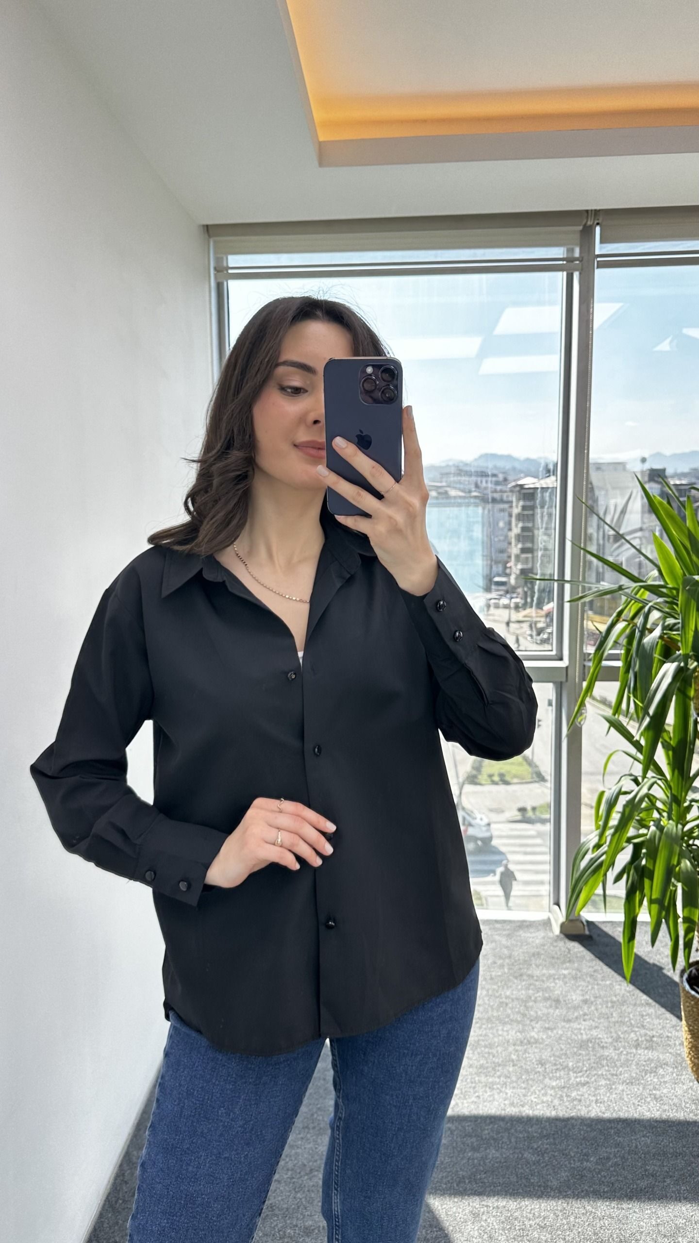 Siyah Basic Poplin gömlek - Görsel 2