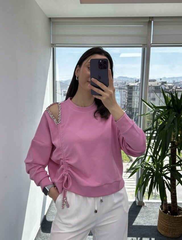 Tasarım Pembe Taşlı Modal Sweat