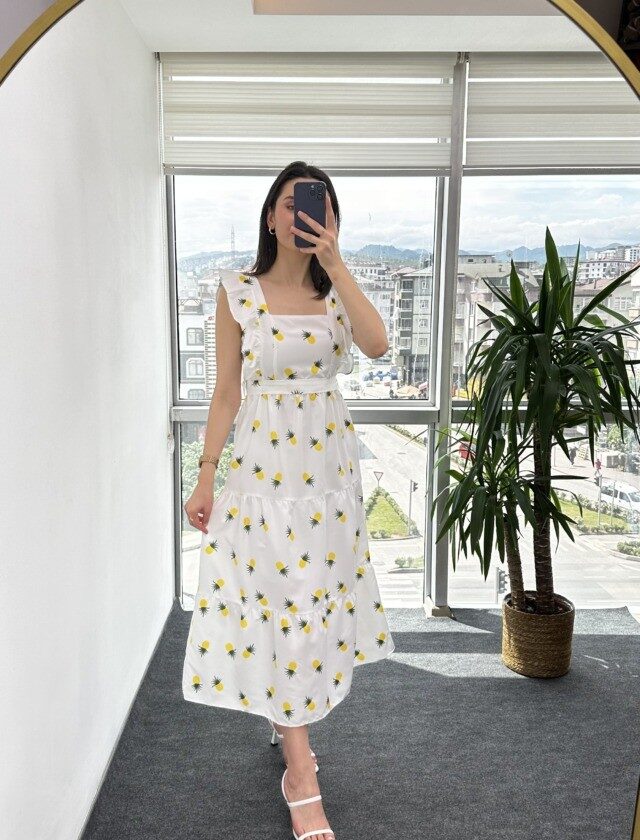 Ananas Desenli Poplin Elbise