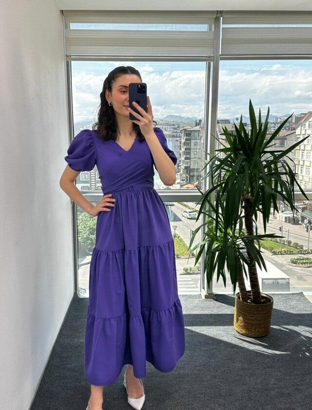 Mor Kuşaklı Poplin Elbise