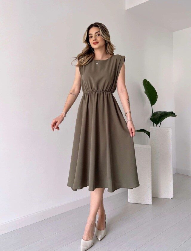 Haki Kolu Vatkalı Basic Elbise